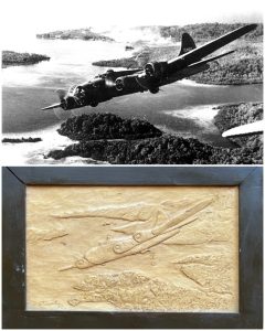B-17F Flying Fortress “The Aztec’s Curse” of 26th Bomb Squadron after attack on Ghizo Island in the Solomons, 5 Oct 1942 (US National Archives) and a wood carving my grandfather, Frederick Stewart, made based on this photograph, 1989 (Sarah Sundin collection)