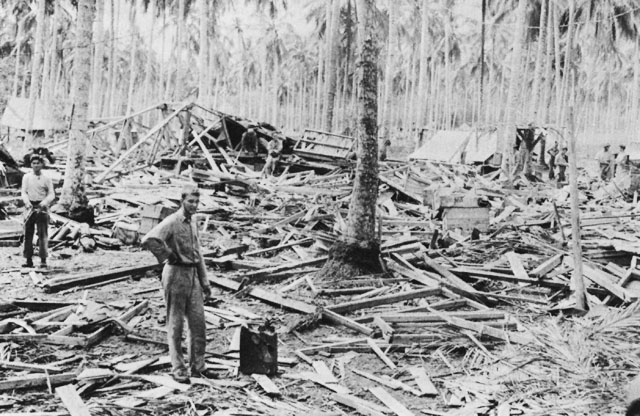 Wreckage of US radio station at Henderson Field, Guadalcanal, after Japanese bombardment, 14 October 1942 (US Army Center of Military History)