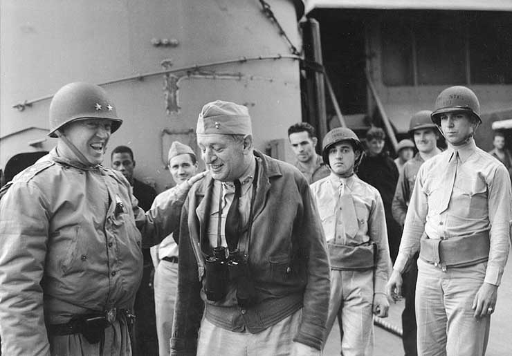 Gen. George Patton and Rear Admiral Kent Hewitt aboard cruiser USS Augusta, off Morocco during Operation Torch, 8 or 9 Nov 1942 (US National Archives: 80-G-30116)