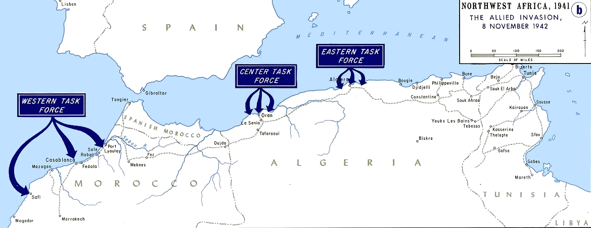 Map of Operation Torch, the Allied invasion of French Morocco and Algeria, 8 November 1942 (US Military Academy)