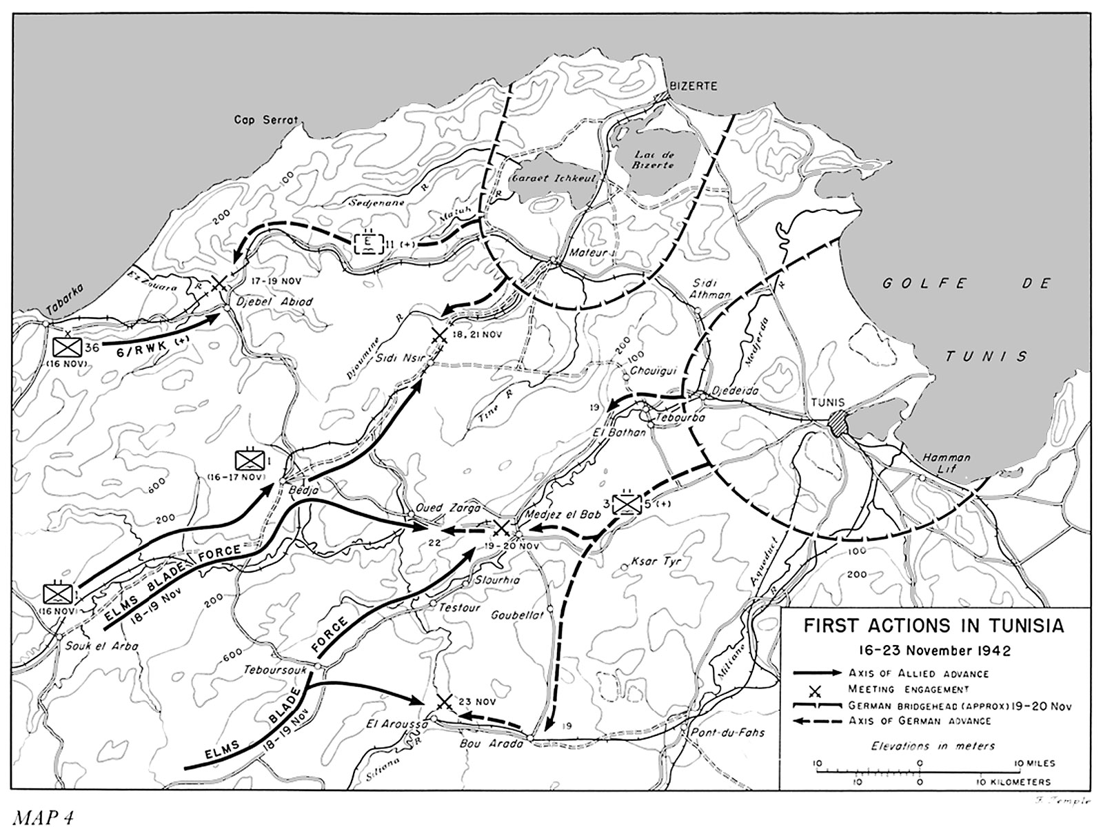 Map of first Allied actions in Tunisia, 16-23 November 1942 (US Army Center of Military History)