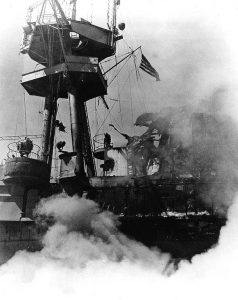 Damage to carrier USS Hornet’s signal bridge, Battle of the Santa Cruz Islands, 26 Oct 1942 (US Navy photo)