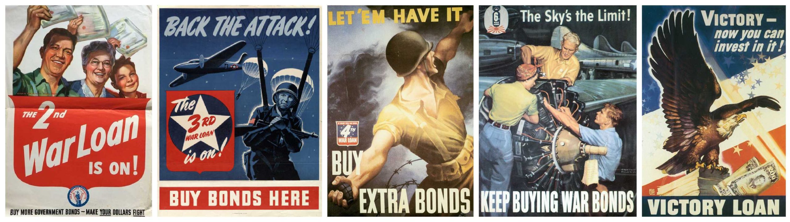 Posters from the US Second & Third War Loan Drives (1943), Fourth & Fifth War Loan Drives (1944), and Victory Loan Drive (1945)