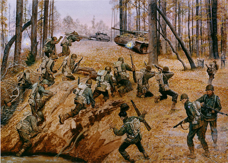 Painting: “Go for Broke,” depicting Japanese-American 442nd Regimental Combat Team in action in France, October 1944 (US Army Center of Military History)