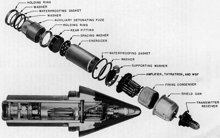 Cutaway and exploded view of a typical VT Fuze (VT Fuze Mk 53 Mod 5), 1950s (US Navy diagram)