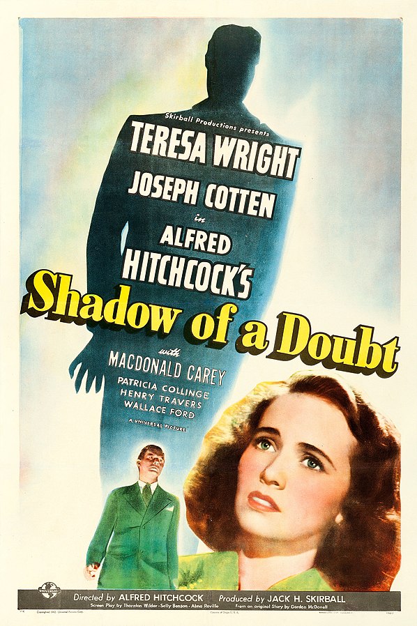Theatrical poster for the American release of the 1943 film Shadow of a Doubt (Universal Pictures Corp., public domain via Wikipedia)