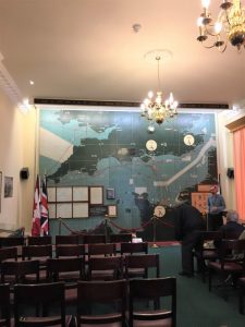 The map room at Southwick House, with the giant wooden wall map actually used on D-day, Southwick House, England, September 2017 (Photo: Sarah Sundin)