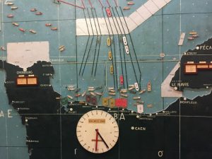 The actual wooden wall map used on D-day, showing the landing beaches, set for D-day at H-hour, in the map room at Southwick House, England, September 2017 (Photo: Sarah Sundin)