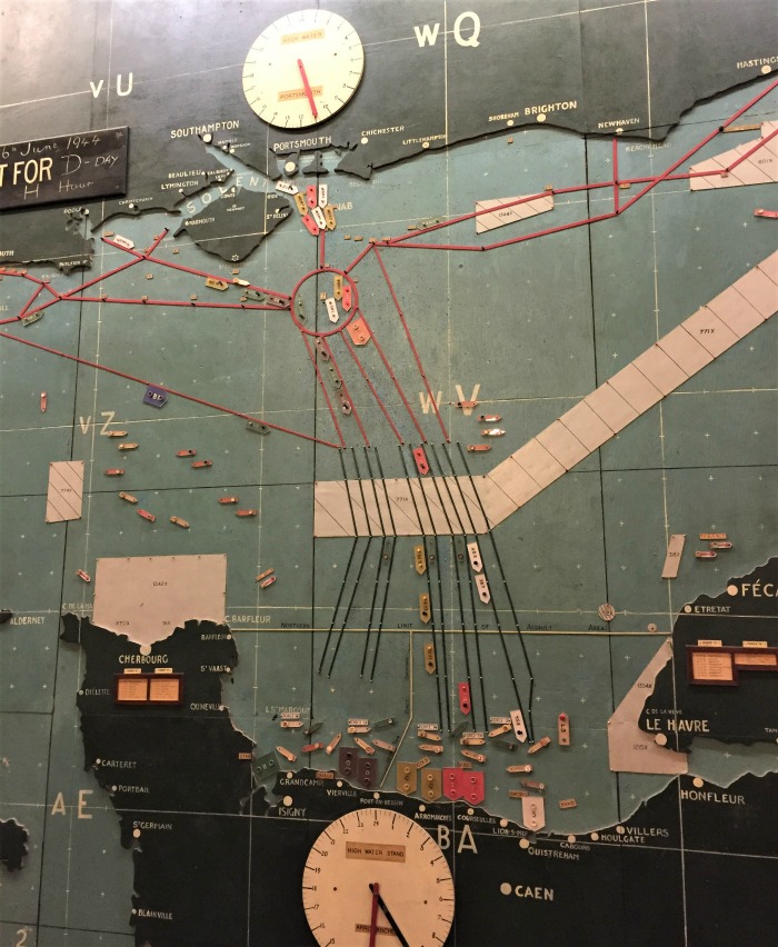 The actual wooden wall map used on D-day, showing the shipping lanes, set for D-day at H-hour, in the map room at Southwick House, England, September 2017 (Photo: Sarah Sundin)