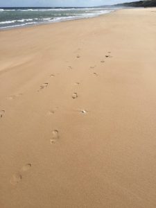 Footprints my husband and I left on Omaha Beach, near Colleville-sur-Mer, France, September 2017 (Photo: Sarah Sundin)