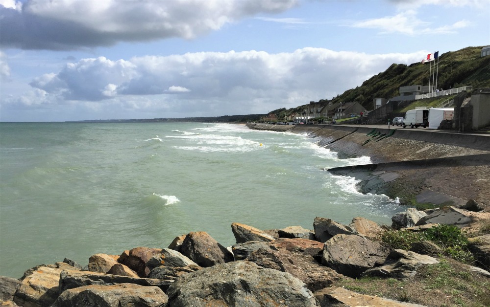 From the Vierville draw, looking east down Dog Beach at high tide, Vierville-sur-Mer, France, September 2017 (Photo: Sarah Sundin)
