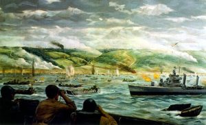 "The Battle for Fox Green Beach, D-Day Normandy" View of invasion of beach, D-Day, as US destroyers come close to Omaha Beach to aid ground troops. Painting, Oil on Canvas; by Dwight C. Shepler; 1944. (US Naval History and Heritage Command)