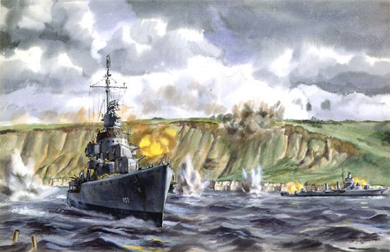"Target of Opportunity" On D-Day, destroyer USS Emmons comes dangerously close to shore to battle with German gun battery on Omaha Beach. Painting, Watercolor on Paper; by Dwight C. Shepler; 1944. (US Naval History and Heritage Command)