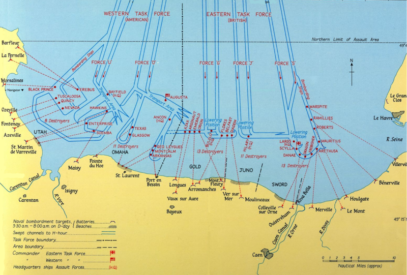 Map showing Allied naval bombardment of Normandy on D-day, 6 June 1944 (Victory in the West, vol. 1, public domain via National Archives, UK)