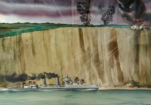 Early on D-Day, several U.S. destroyers exchanged fire with German artillery atop cliffs just east of Omaha Beach, a scene likely depicted in Coast Guard combat artist H. B. Vestal’s watercolor of the USS Doyle. At 1100 the destroyer was 800 yards off Omaha’s Easy Red, knocking out German machine-gun emplacements and casemates. (U.S. COAST GUARD HISTORICAL ARTIFACT COLLECTION, 2008.0103 via US Naval Institute)