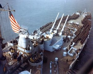 Battleship USS Iowa commissioning ceremony, New York Naval Shipyard, New York, 22 Feb 1943 (US National Archives)