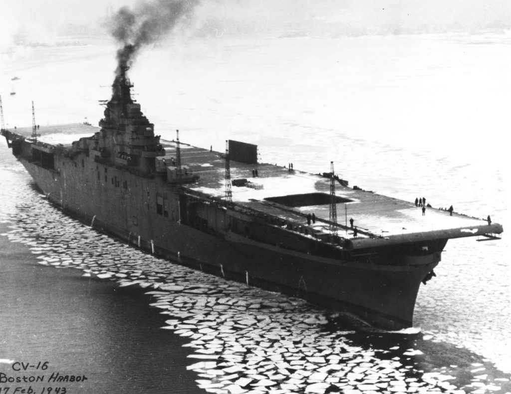 Newly commissioned carrier USS Lexington in the icy waters of Boston harbor, Massachusetts, 17 Feb 1943 (US Navy photo)