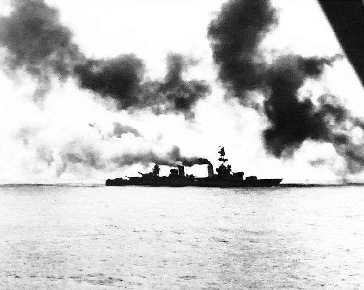 Heavy cruiser USS Salt Lake City in action during Battle of the Komandorski Islands, 26 Mar 1943 (US Naval History and Heritage Command)