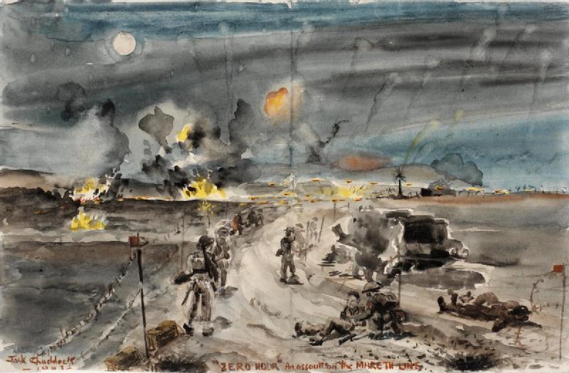 “Zero Hour” by Jack Chaddock, depicting the Queen's Own Cameron Highlanders advancing during the Battle of the Mareth Line, March 1943 (Imperial War Museum: ART LD 3398)