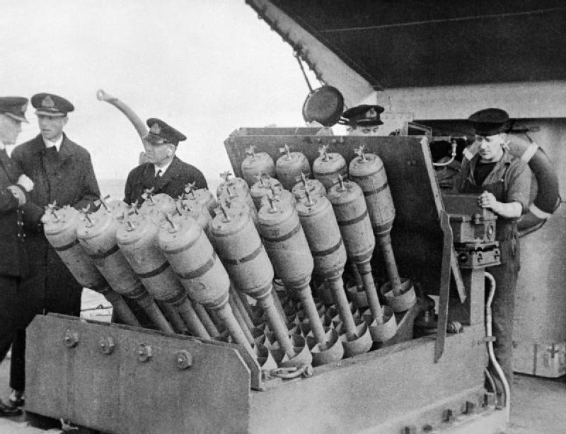 “Hedgehog” anti-submarine mortar on destroyer HMS Westcott, 1945, a weapon used by escort ships in battle of convoy ONS-5 (Imperial War Museum: A 31000)