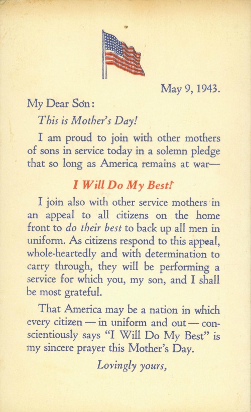 Card made for mothers to send to their sons in uniform, Mother’s Day, 9 May 1943 (Source: US Marine Corps)