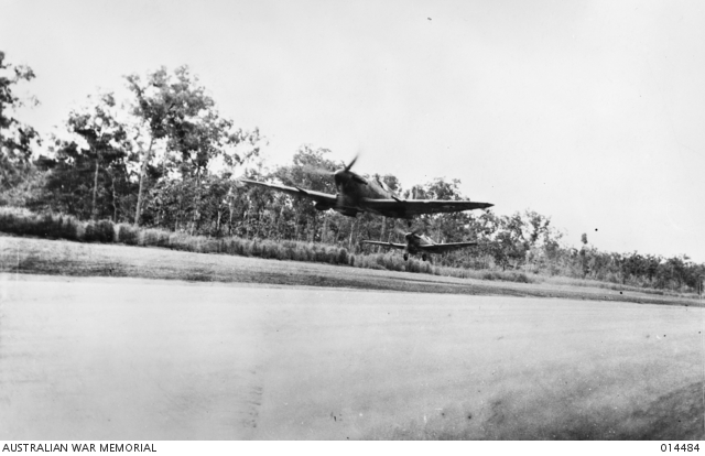 RAAF Spitfires taking off from airfield near Darwin, Australia, 24 March 1943 (Australian War Memorial)