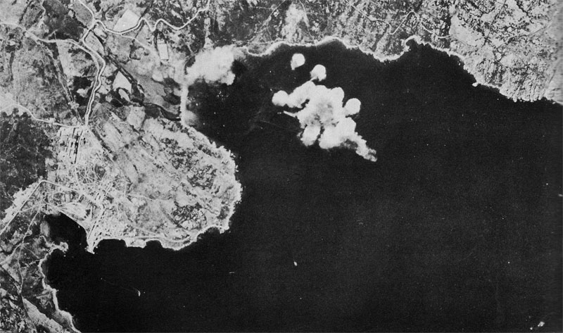 Bombs from B-17s hitting Italian heavy cruiser Trieste, 10 April 1943 (US Army Air Forces photo)