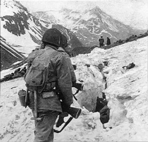 US troops traveling across snow and ice during the Battle of Attu in the Aleutian Islands, May 1943 (Australian War Memorial)