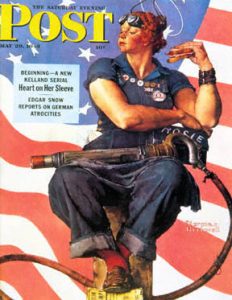 Norman Rockwell’s “Rosie the Riveter” on the cover of the Saturday Evening Post, 29 May 1943 (Fair use via Wikipedia)