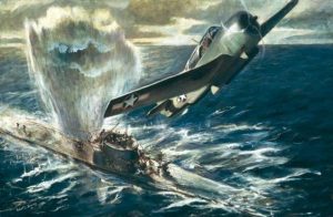 “The Kill” by Robert Benney: TBF Avenger drops depth bombs around a U-boat (Navy Art Collection, Naval History and Heritage Command)