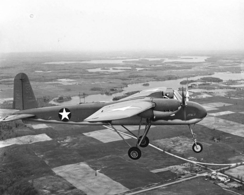 Navy Lt. C.C. Corley flying TDN-1 attack drone on its first (piloted) test flight from Traverse City, MI, 19 May 1943 (US Navy photo: 80-G-387145)
