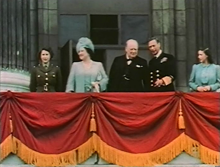 Princess Elizabeth, Queen Elizabeth, Winston Churchill, King George VI, and Princess Margaret on the balcony of Buckingham Palace, London, 8 May 1945 (US Army photo)
