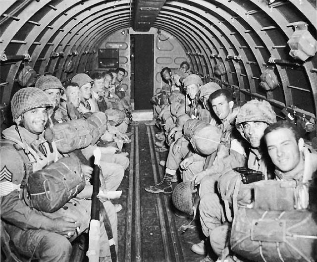 Paratroopers of the US 82nd Airborne Division on a C-47 bound for Sicily, July 1943 (US Army Center of Military History)