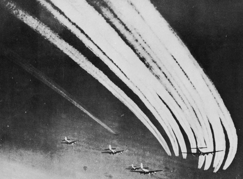 US Eighth Air Force B-17s leaving contrails, 1943 (US Army Air Force photo)