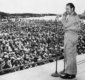 Bob Hope entertaining soldiers on USO tour, 1944 (US Army photo)
