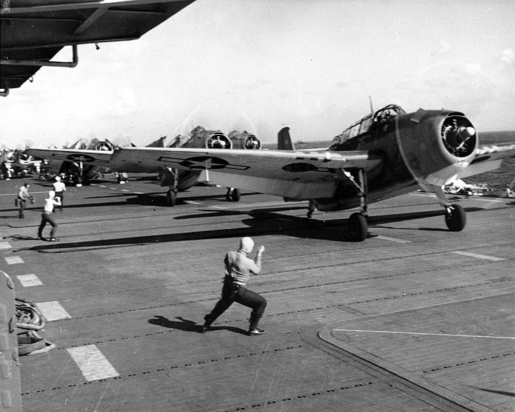 TBM-1C Avengers preparing to take off from light carrier USS Monterey to attack Tinian, June 1944 (US National Archives)