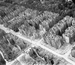 RAF aerial photo showing ruined residential and commercial buildings in Hamburg, Germany, destroyed by the firestorm which on the night of 27/28 July 1943 (Imperial War Museum: CL 3400)