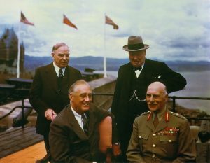 Franklin Roosevelt, the Earl of Athlone, Mackenzie King, and Winston Churchill on the terrace at the Citadelle, Québec, Canada, Aug 1943 (Source: Imperial War Museum: TR 1347)