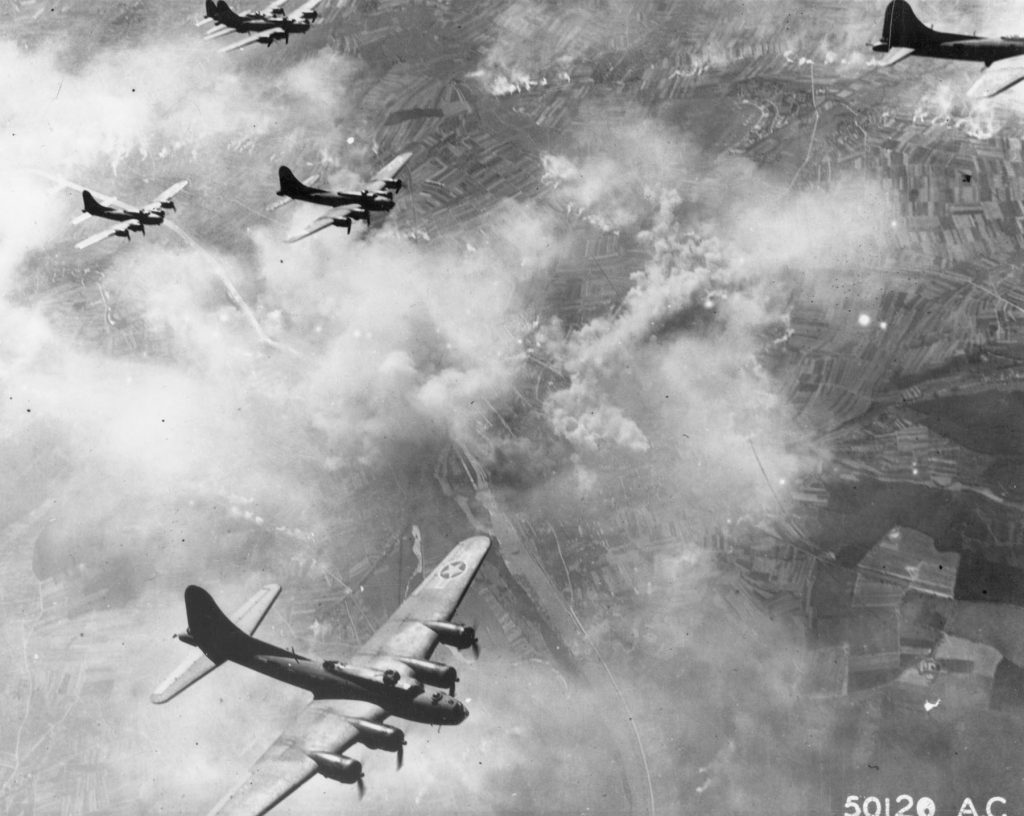 B-17 Flying Fortress bombers of the US Eighth Air Force over Schweinfurt, Germany, 17 August 1943 (USAF photo)