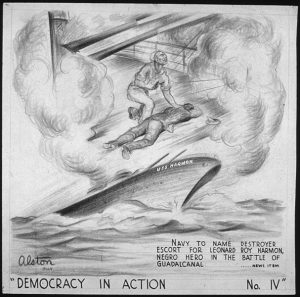“Democracy in Action, No. 4” by Charles Henry Alston, US Office of War Information poster about USS Harmon and her namesake (US National Archives: 535634)