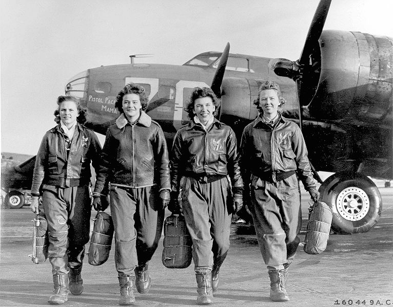 Frances Green, Margaret (Peg) Kirchner, Ann Waldner and Blanche Osborn leaving their B-17, “Pistol Packin’ Mama,” at the four-engine school at Lockbourne AAF, Ohio, during WASP ferry training (USAF photo)