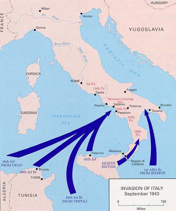 Map showing Allied invasion of Italy on September 3, 1943 (British at Reggio di Calabria) and on September 9, 1943 (US & British at Salerno and Taranto) [Map: US Army Center of Military History]