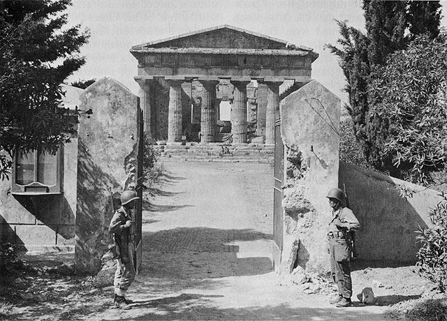 US guards at the Temple of Neptune, Paestum, Italy, which served as US Fifth Army HQ after the landings at Salerno, Italy, September 1943 (US National Archives)