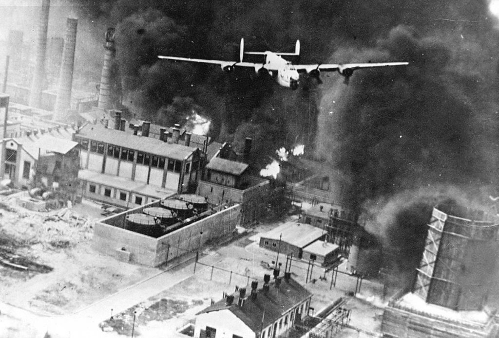 US B-24D Liberator over Astra Romania oil refinery in Ploesti, Romania, Aug 1 1943 (US Army Center of Military History)