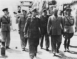 Italian Premier Pietro Badoglio and Gen. Dwight Eisenhower on battleship HMS Nelson for Italian surrender to Allies at Malta, 29 September 1943 (US Army Center of Military History)