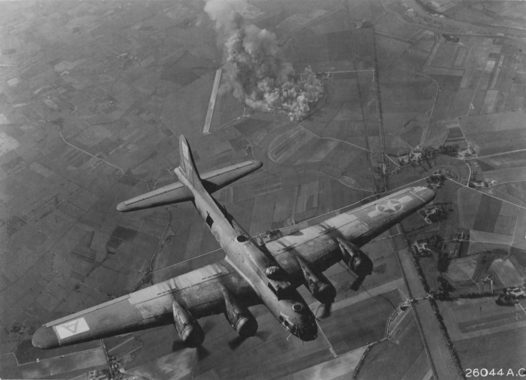 B-17F Flying Fortress bomber of the US 94th Bombardment Group bombing Focke-Wulf aircraft factory, Marienburg, Germany, 9 October 1943 (US National Archives: 208-YE-7)