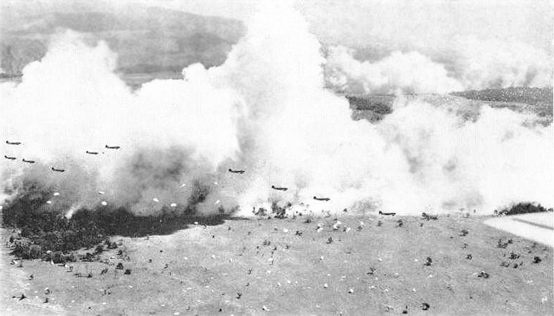 US C-47s dropping US 503rd Parachute Infantry Regiment at Nadzab, New Guinea, 5 Sept. 1943 (Australian War Memorial 128387)
