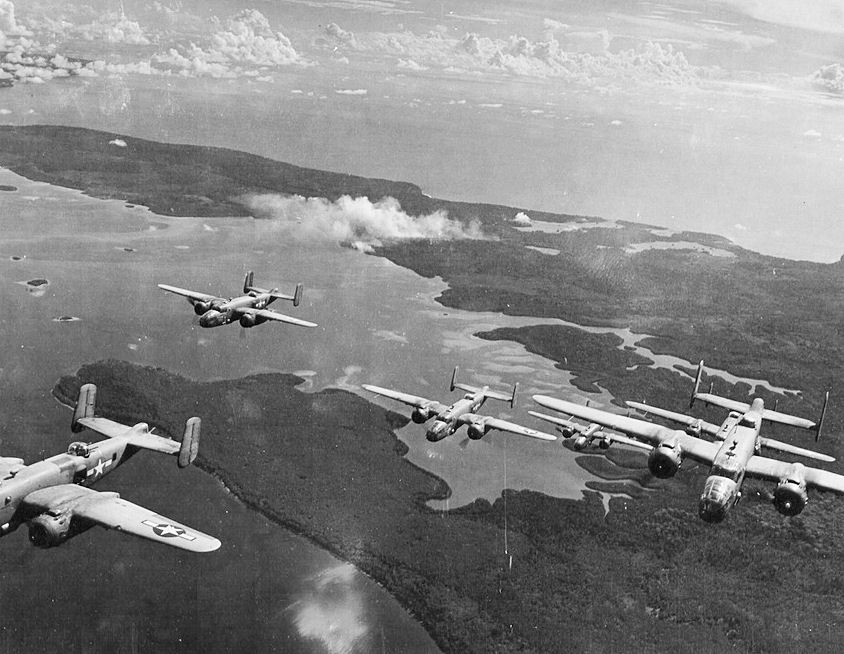 US Thirteenth Air Force B-25 bombers over Bougainville, 1944 (US Air Force photo)