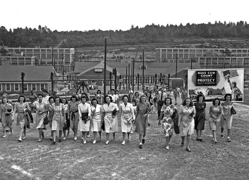 Shift change at the Y-12 uranium enrichment facility in Oak Ridge, Tennessee, during the Manhattan Project, 1945 (US Army photo)