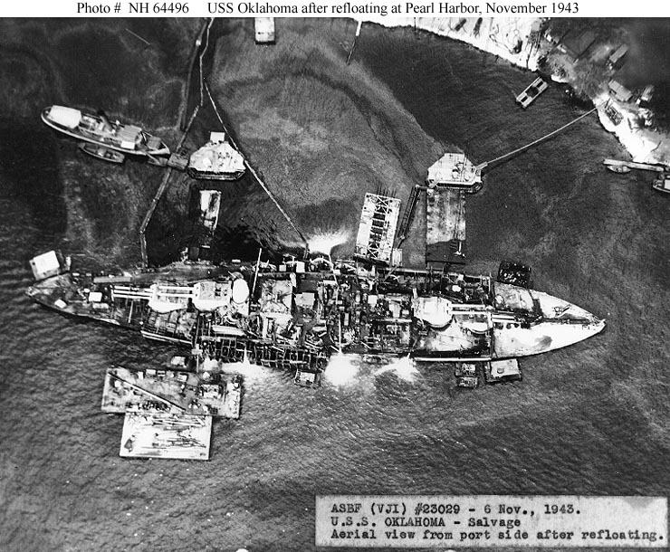 USS Oklahoma after refloating, Pearl Harbor, 6 Nov 1943 (US Naval History and Heritage Command: NH 64496)